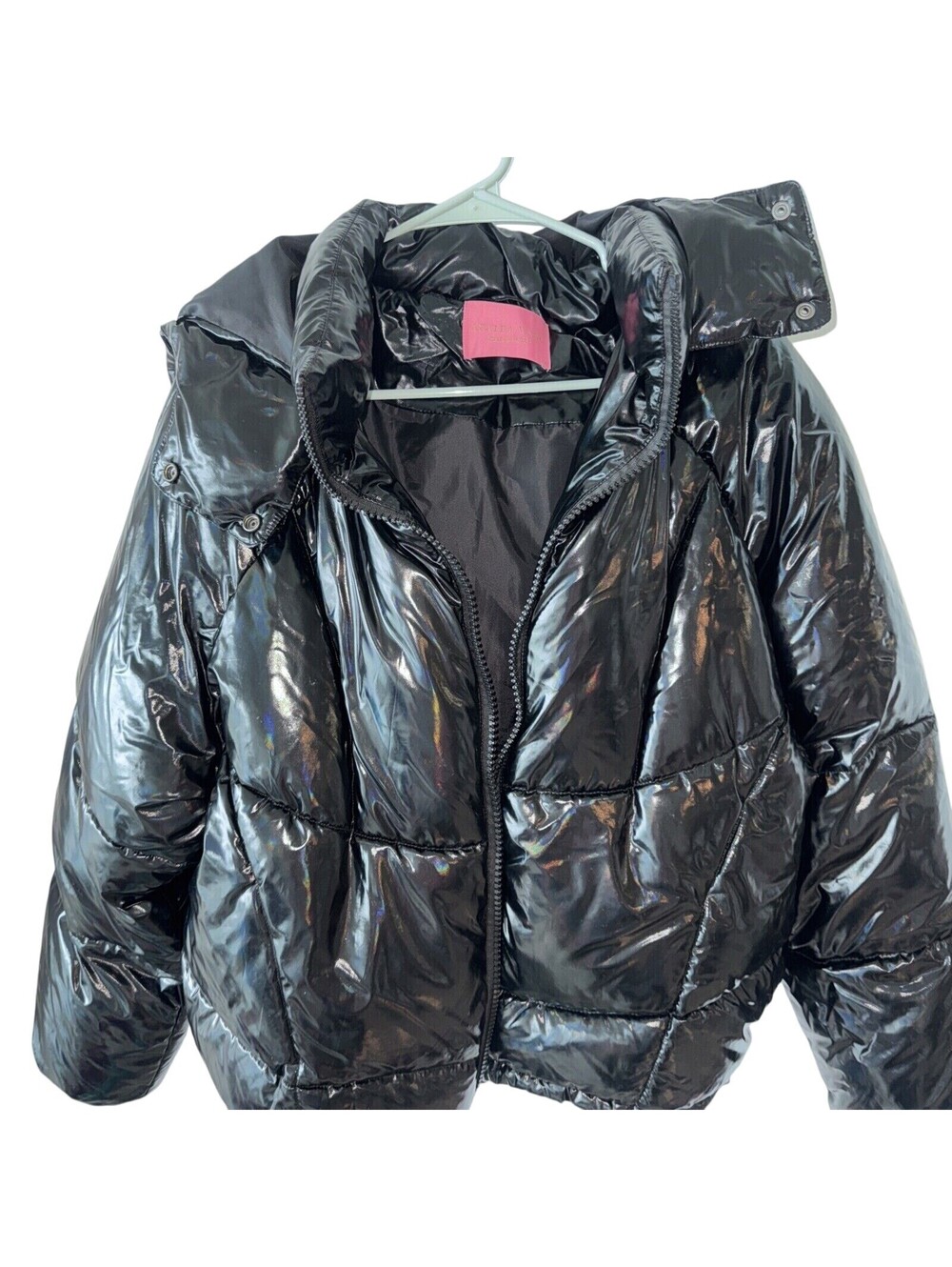 Azalea Wang Black Metallic Bomber Puffer Winter Coat Medium Jacket Shiny LIKEnew